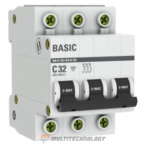 Автоматический выключатель 3P 32А (C) 4,5кА ВА 47-29 Basic (mcb4729-3-32C)